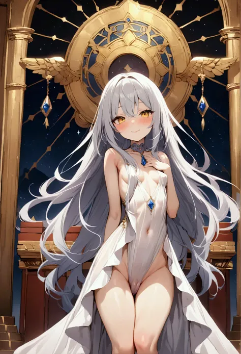 NSFW,masterpiece,Highest quality,High resolution,Very detailed,Girl,Silver Hair,long hair,Golden Eyes,Small breasts,Short height,Angel,wing,A dazzling long dress,Silk dress,gem,Decoration,Temple of the Night,altar,Starry Sky,Ancient,Bad Smile,Seduce,Sexy p...