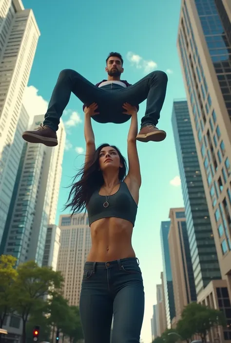 Teenage Kristin Kreuk as Lana Lang lifting a large man high above her head with her strong arms. Photorealistic. Wide angle. City skyline in the background.