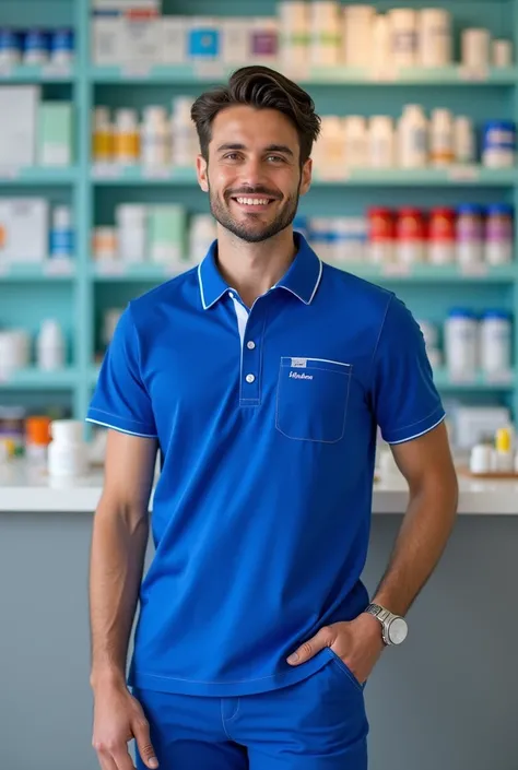 Design a uniform for a pharmacy called Villa Magna Pharmacy, royal blue and white make it a creative polo shirt