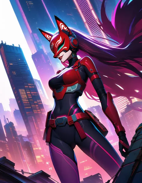 In a dystopian cyberpunk cityscape bathed in neon hues and moonlit shadows, a cyborg female ninja stands out as a stark silhouette. Her face is obscured by an ancient Inari fox mask, adorned with vibrant red lines on a white background, as she hurtles forw...