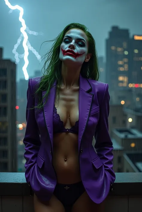 Imagine a scene where this female Joker, standing at the edge of a dark, rain-soaked Gotham City rooftop, surveys the chaotic streets below. The night is alive with the sounds of sirens, distant gunshots, and the low rumble of thunder. The city, usually he...