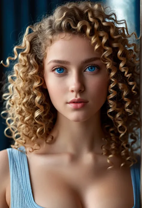 "Close-up view portrait of a charming girl with curly hair,  figure, beautiful face, captivating blue eyes, and large bust size, showcasing her natural beauty."