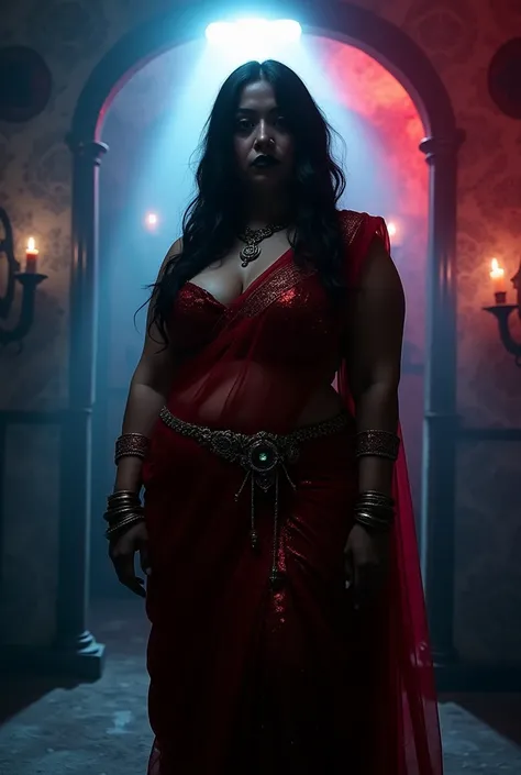 ( glowing eyes:1.5),Fortune telling hall,indian astrology,Looks like Aparna Dixit, full body Closeup shot, Big chubby aunty, milf, cougar lady witch, horny Gothic milf,  60 years old gorgeous voluptuous mature lady, pervert demoness, demoness of lust, curv...