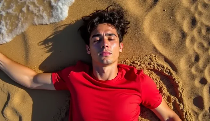 Thumbnail image for YouTube: A young man wearing a red T-shirt is lying in the sand with sweat dripping from his face. An aerial shot shows his face with white lighting on the character and the image as a whole.