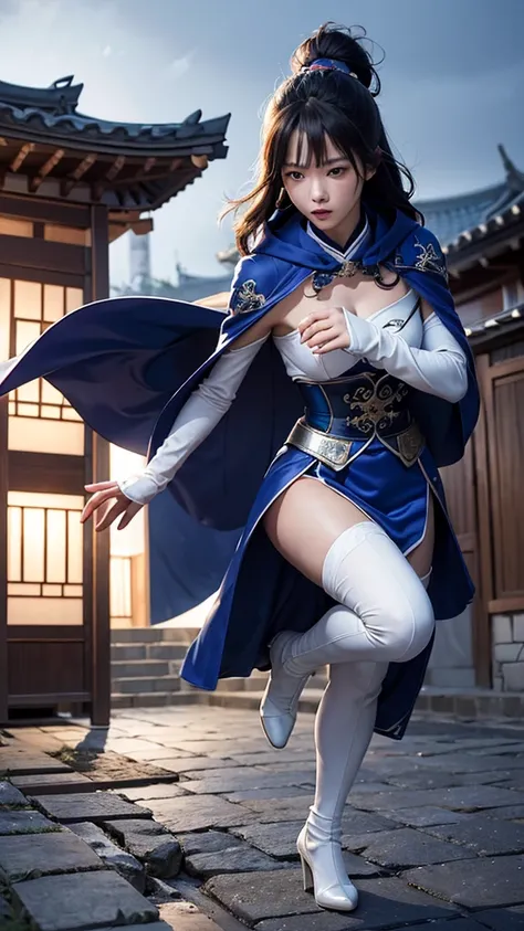 South korea ninja women mystery hooded on with modern royal Blue coat with long and wide sleeves with buttons and royal Blue cape and very high white heel over the knee and white gloves, As she reveals a small secret hidden blade coming from his palm , add...