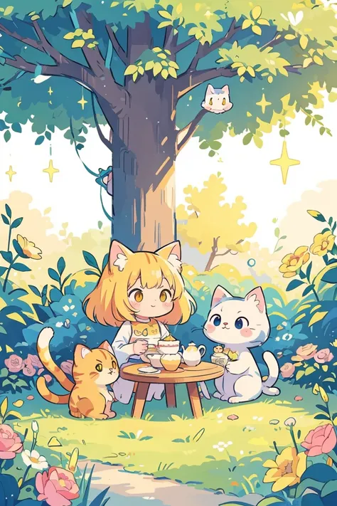 Cats having tea, four, color pastel (rosado, yellow, celeste, white) garden, tree, flores, Stickers, bubbles, sparkles, fluffly, nonhuman.