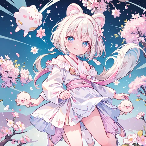 (Highest quality，masterpiece，Character Design)，A short figure with fluffy white hair stands alone in the center.，Card Captor Sakura, shoulder-length hair，Cherry blossom hair ornament, White Curly Hair，The tips of the hair are curled，A non-exposing yukata，L...