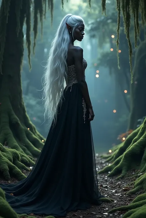 Black elf wearing black dress , with white hair.