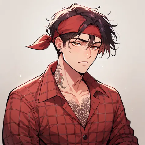 Bad girl, with tattoos and plaid clothes, he wears a red bandana around his neck