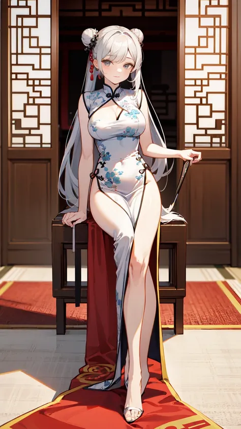 woman, 独奏, 30years old, ((long hair)), Bun Head, china dress, 長いchina dress, slit, ((deep-slit china dress)), Bare feet visible through a slit in her dress, A room decorated with traditional Chinese motifs, Holding a fan at her waist, Stiletto heels, A lux...