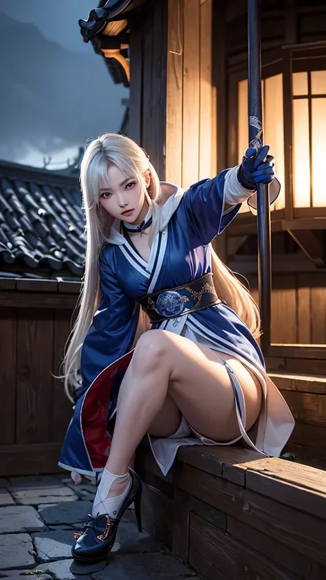 South korea ninja women mystery hooded on with modern royal Blue coat with long and wide sleeves with buttons and royal Blue cape and very high white heel over the knee and white gloves, As she reveals a small secret hidden blade coming from his palm , add...