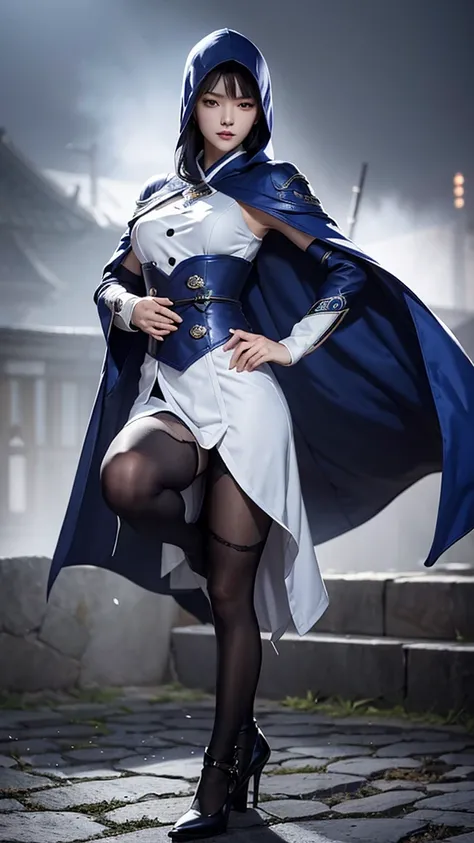 South korea ninja women mystery hooded on with modern royal Blue coat with long and wide sleeves with buttons and royal Blue cape and very high white heel over the knee and white gloves, As she reveals a small secret hidden blade coming from his palm , add...