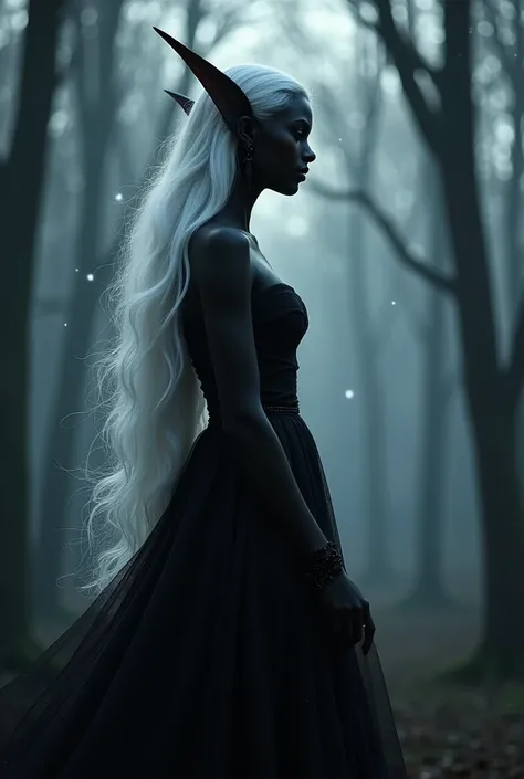 Black elf wearing black dress , with white hair, in profile .