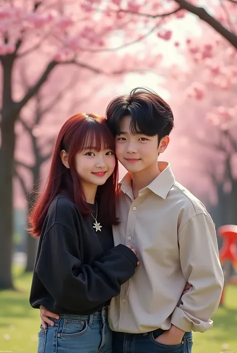 Two adult Korean brothers hugging and smiling.  a girl and a boy. A has straight burgundy hair and bangs, she wears black sweatshirt, short jeans, pentagram necklace, she has cute cheeks and thick thighs. He has black hair and is a little compressed., he w...