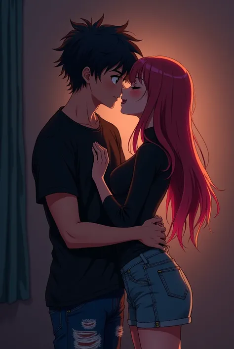 Create a full body image of a 21 year old anime boy and a girl boy kissing the girl while pressing the girls breast and also boy holds the girls waist in a dark lit room both wearing a black tshirt and a jeans but gils wear a short jeans.