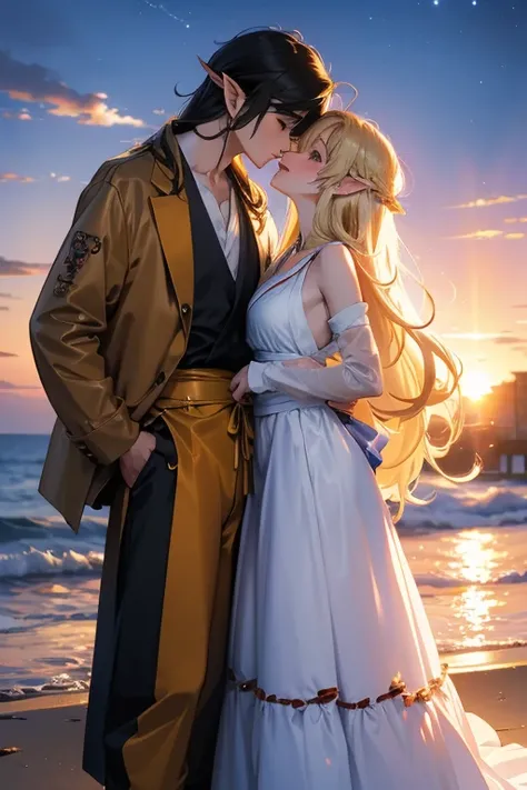 (anime) (anime style) (master piece) (best) (draw) (manga) (long hair) anime kiss of couple two girls, 1 elf blonde, 1 human black hair, in love on sunset sky background full body