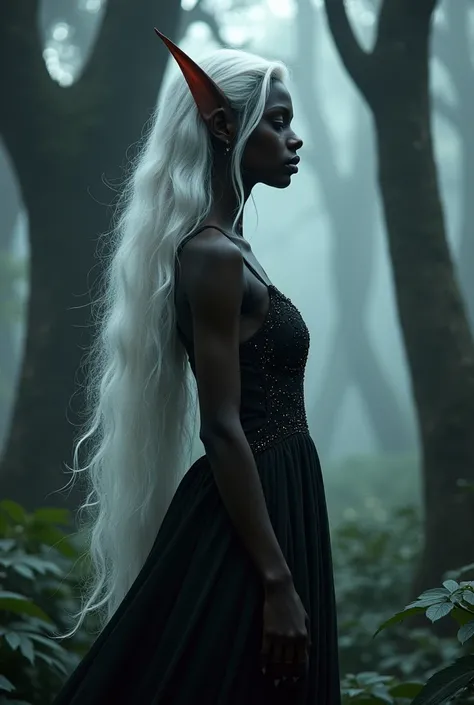 Black elf wearing black dress , with white hair , in profile .