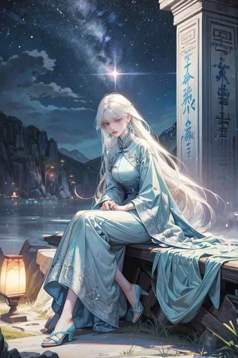 Painting of an albino woman looking at the sky, sitting on a rock while extending one of her hands, Long straight hair, bright blue eyes, clothing like that of ancient China, long dress revealing part of her legs, night sky