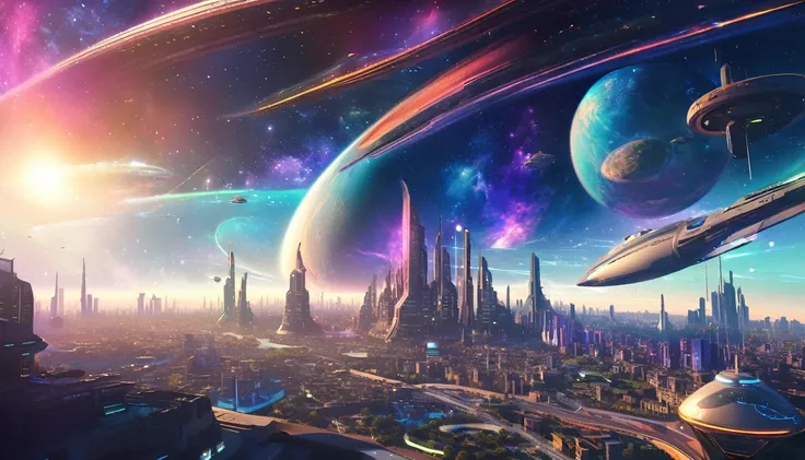 Vibrant nebula cores in the background, futuristc city, a beautiful planet occupying the sky, spaceship hovering over the city