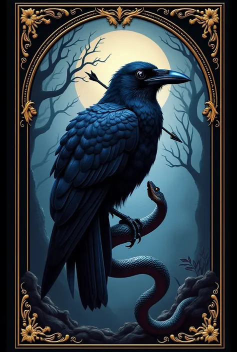 Chat create a poetry book cover, my poems are more obscure, I need something that combines, I want a classic book cover, create a raven with a snake falling together, being that the raven has an arrow stuck in it