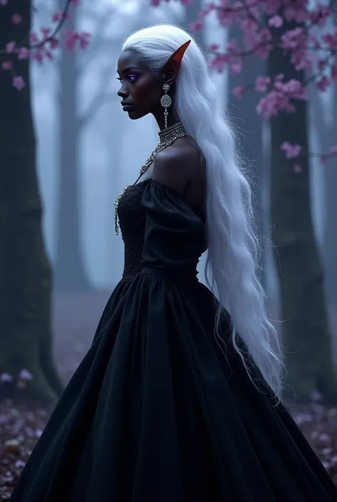 Black elf wearing black dress , with white hair , in profile .