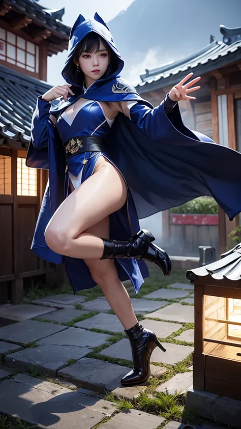 South korea ninja women mystery hooded on with modern royal Blue coat with long and wide sleeves with buttons and royal Blue cape and very high white heel over the knee and white gloves, As she reveals a small secret hidden blade coming from his palm , add...