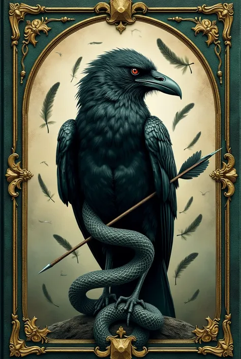 Chat create a poetry book cover, my poems are more obscure, I need something that combines, I want a classic book cover, create a raven with a snake falling together, being that the raven has an arrow stuck in it, feathers falling