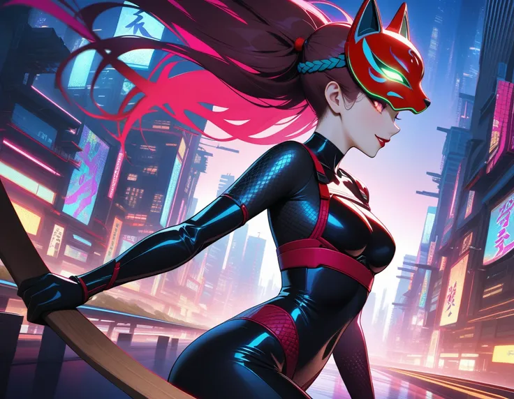 In a dystopian cyberpunk cityscape bathed in neon hues and moonlit shadows, a cyborg female ninja stands out as a stark silhouette. Her face is obscured by an ancient Inari fox mask, adorned with vibrant red lines on a white background, as she hurtles forw...