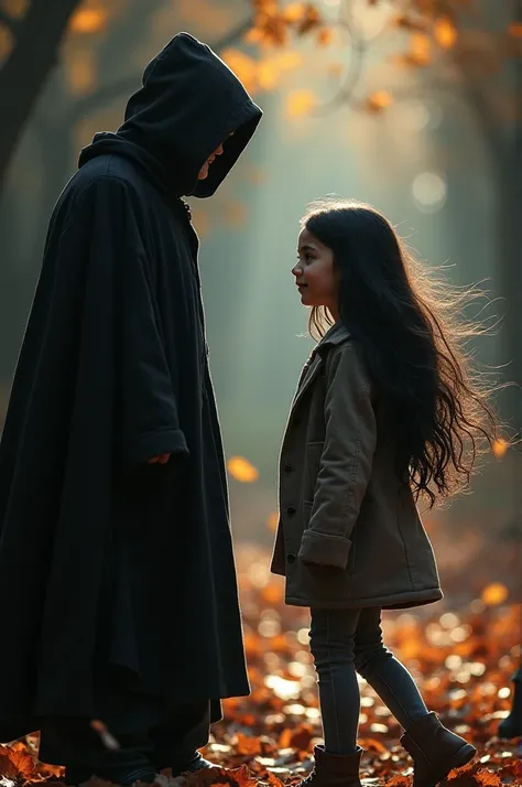 A hooded boy with his back turned, watching a girl with long black hair walk away with a mocking smile.