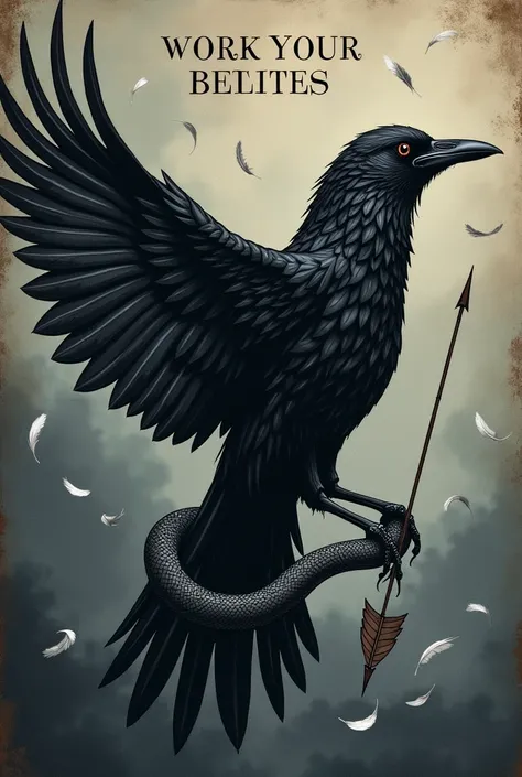 Chat create a poetry book cover, my poems are more obscure, I need something that combines, I want a classic book cover, create a raven with a snake falling together, being that the raven has an arrow stuck in it, feathers falling