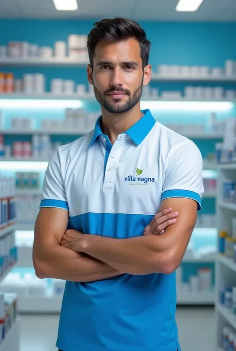 Design a uniform for a drugstore, blue and white, it should be a creative polo shirt with the Villa Magna logo 