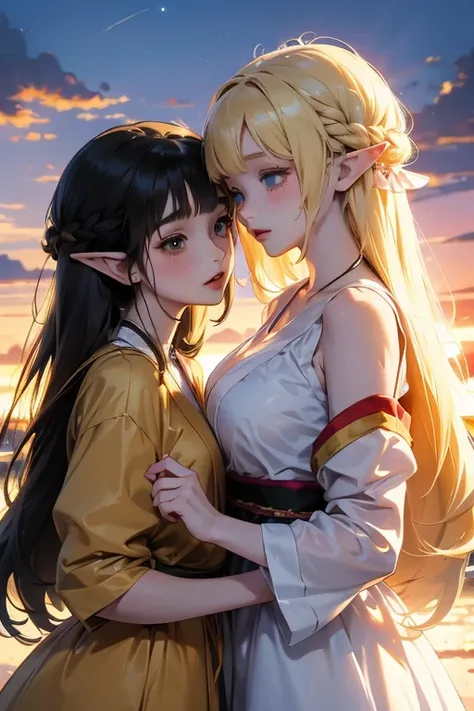 (anime) (anime style) (master piece) (best) (draw) (manga) (long hair) (kiss) (couple) (two girls) (1 elf girl blonde hair), (1 human girl black hair) in love on sunset sky background full body