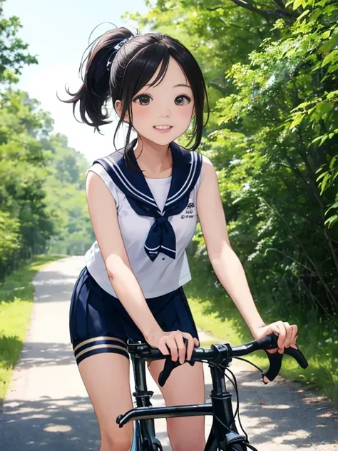 (8k、RAW Photos、Highest quality)、Detailed Background、Beautiful and elaborate face、Beautiful, smooth skin、Skin Texture、Professional Lighting、cute beautiful、Cute character wearing sailor uniform.、The costume is a sailor collar and ribbon uniform..、Cute Ponyta...