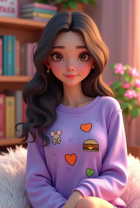 Create in every detail of 3D a beautiful sexy woman thin face small eyes light brown eyes long wavy dark brown hair light brown chocolate, really pretty eyelashes and she&#39;s wearing a tight purple-lilac sweatshirt that says HerIsa and has a little mouse...