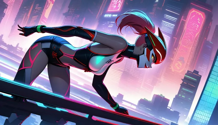 In a dystopian cyberpunk cityscape bathed in neon hues and moonlit shadows, a cyborg female ninja stands out as a stark silhouette. Her face is obscured by an ancient Inari fox mask, adorned with vibrant red lines on a white background, as she hurtles forw...