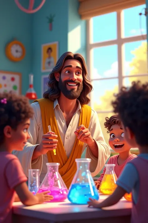 This image must be Disney Pixar style in which it is Jesus with several children around smiling in a science lab 