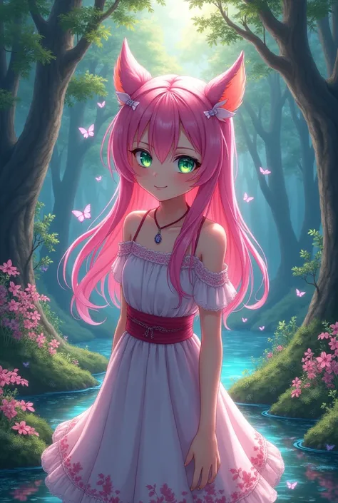 Young girl who is a pink-haired oni along with green and blue eyes, Beautiful features and tall 