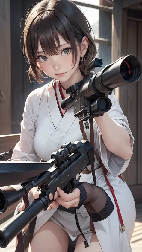 a photograph taken with a 70mm lens of a japanese girl aiming a sniper rifle, her expression focused and intense, the color temp...