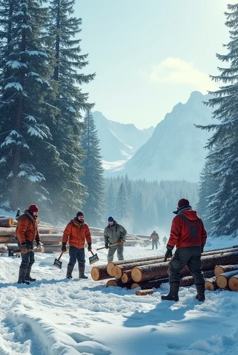 Workers are harvesting wood in the snow