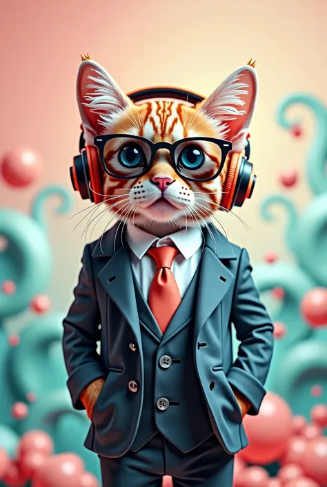 Perfect centering, Cute cat,Wear a suit, Wear sunglasses, Wear headphones, Cheerfulness, Standing position, Abstract Beauty, Centered, Looking into the camera, To the camera, Approaching perfection, dynamic, Very detailed, Smooth, Sharp focus, In 8K