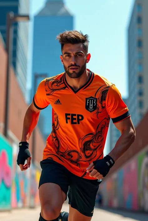 Orange jersey with abstract black details and the initials FEP on the chest with a logo