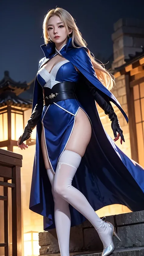 climbs a wall of a tall houseSouth korea ninja women mystery hooded on with modern royal Blue coat with long and wide sleeves with buttons and royal Blue cape and very high white heel over the knee and white gloves, As she reveals a small secret hidden bla...