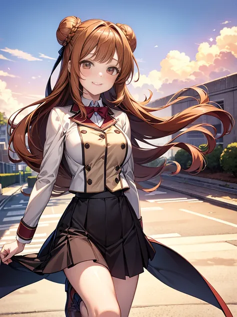 one person, Chestnut Hair, Half Up,Large Breasts, smile, Droopy eyes, perspective, Height: 165cm,High School Uniform,Anime Style, Nice body,Knee-length skirt,Healthy sex appeal,High resolution, Anatomically correct, 最High quality, Damaged, detail, High det...