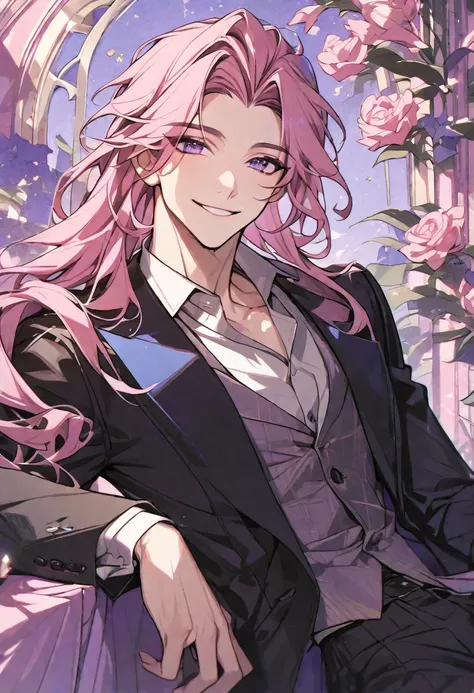 solo, handsome, 1 male, pink flowy hair, long hair, smiling sweetly, dark purple eyes, aesthetic background, wearing a suit