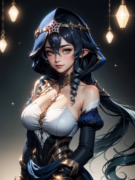 masterpiece, Super detailed, high quality, 8k CG, Huge breasts, layladef, night, blush, smile, Bright Eyes, Are standing, (Shining Eyes:1.5), Upper body details, Arms crossed,