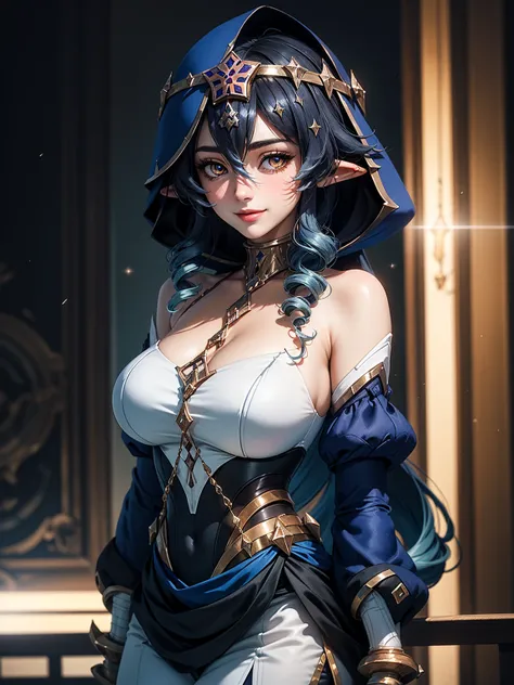 masterpiece, Super detailed, high quality, 8k CG, Huge breasts, layladef, night, blush, smile, Bright Eyes, Are standing, (Shining Eyes:1.5), Upper body details, Arms crossed,