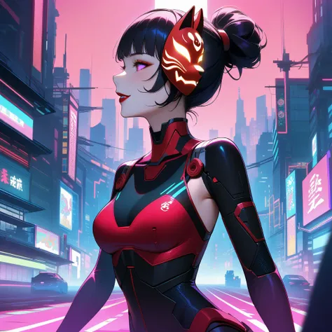 In a dystopian cyberpunk cityscape bathed in neon hues and moonlit shadows, a cyborg female ninja stands out as a stark silhouette. Her face is obscured by an ancient Inari fox mask, adorned with vibrant red lines on a white background, as she hurtles forw...