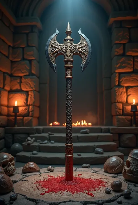 Legendary war axe on blood-filled altar