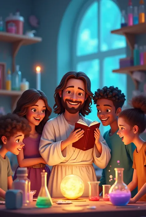 This image should be in the Disney Pixar style where Jesus is holding a Christian bible, with a round and cute face with several children around smiling in a science lab. This image should be 1080x1920 in size