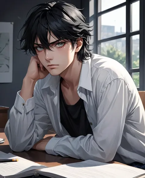 A strong boy, eyes pitch black, dark circles under his eyes, cold and emotionless eyes, an expressionless face, a lazy face, and he doesnt express any emotions, a cold expression, a sharp and frightening gaze, hair pitch black, slightly long and unkempt, w...